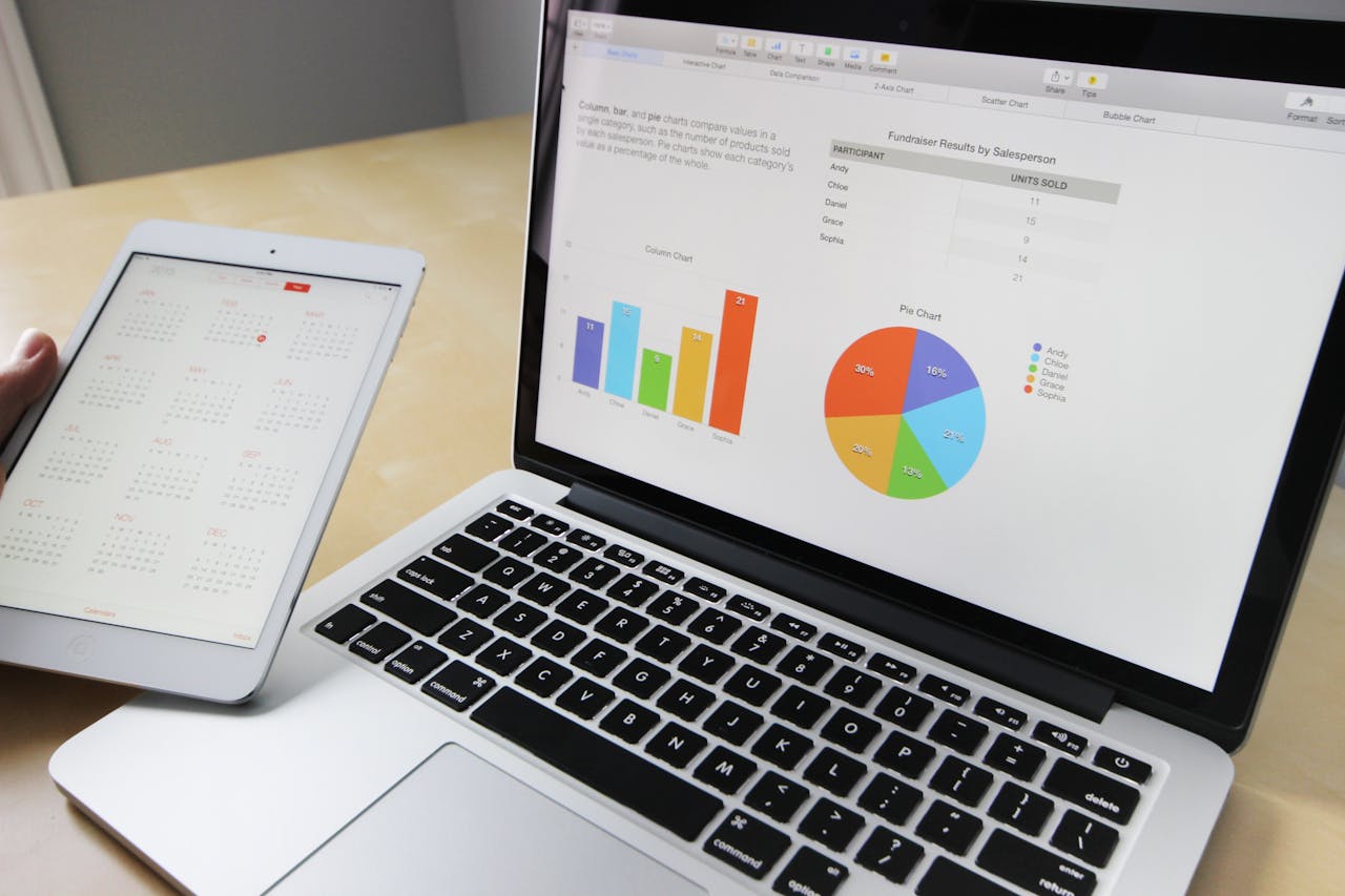our-journey-02 Laptop displaying charts and graphs with tablet calendar for data analysis and planning.